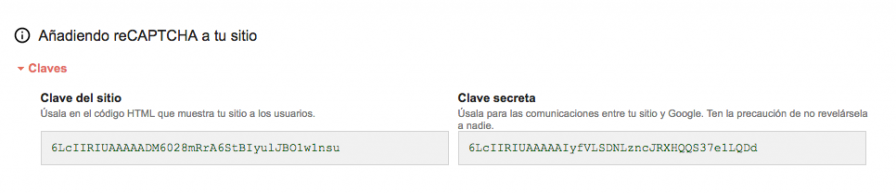Configuración de las claves de recaptcha