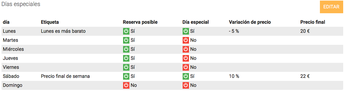 Definir los días especiales